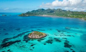 Aerial View of Rocky Islet Crab Cay Off the Coast of the Colombian Island Providencia in the Turquoise Caribbean Sea