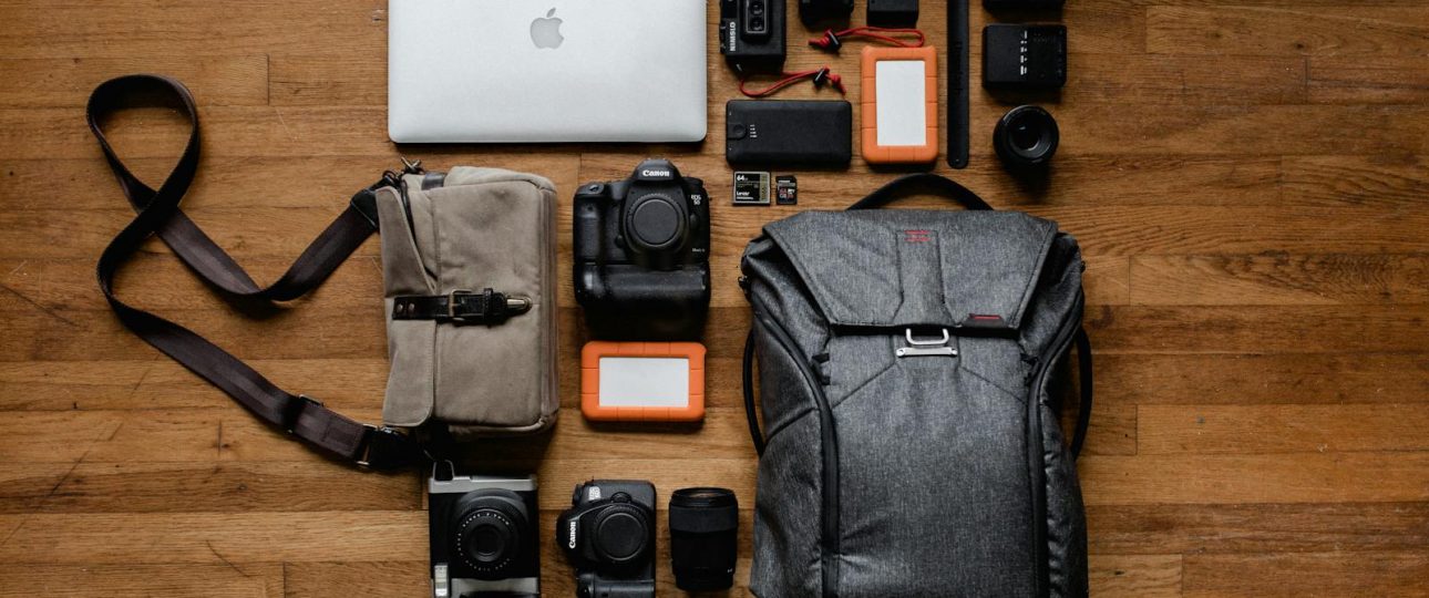 Top View Photo Gadgets on Hardwood Floor