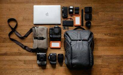 Top View Photo Gadgets on Hardwood Floor